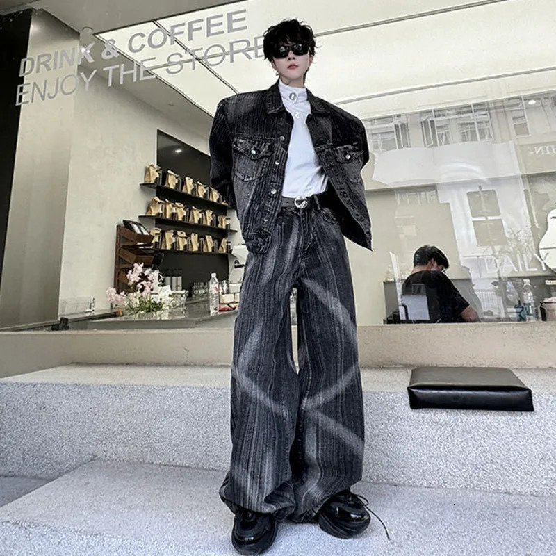 PFNW Two-piece Mens Paint Turn-down Collar Single Breasted Denim Jackets Loose Chic Straight Wide Leg Jeans High Street 9C7502 250220