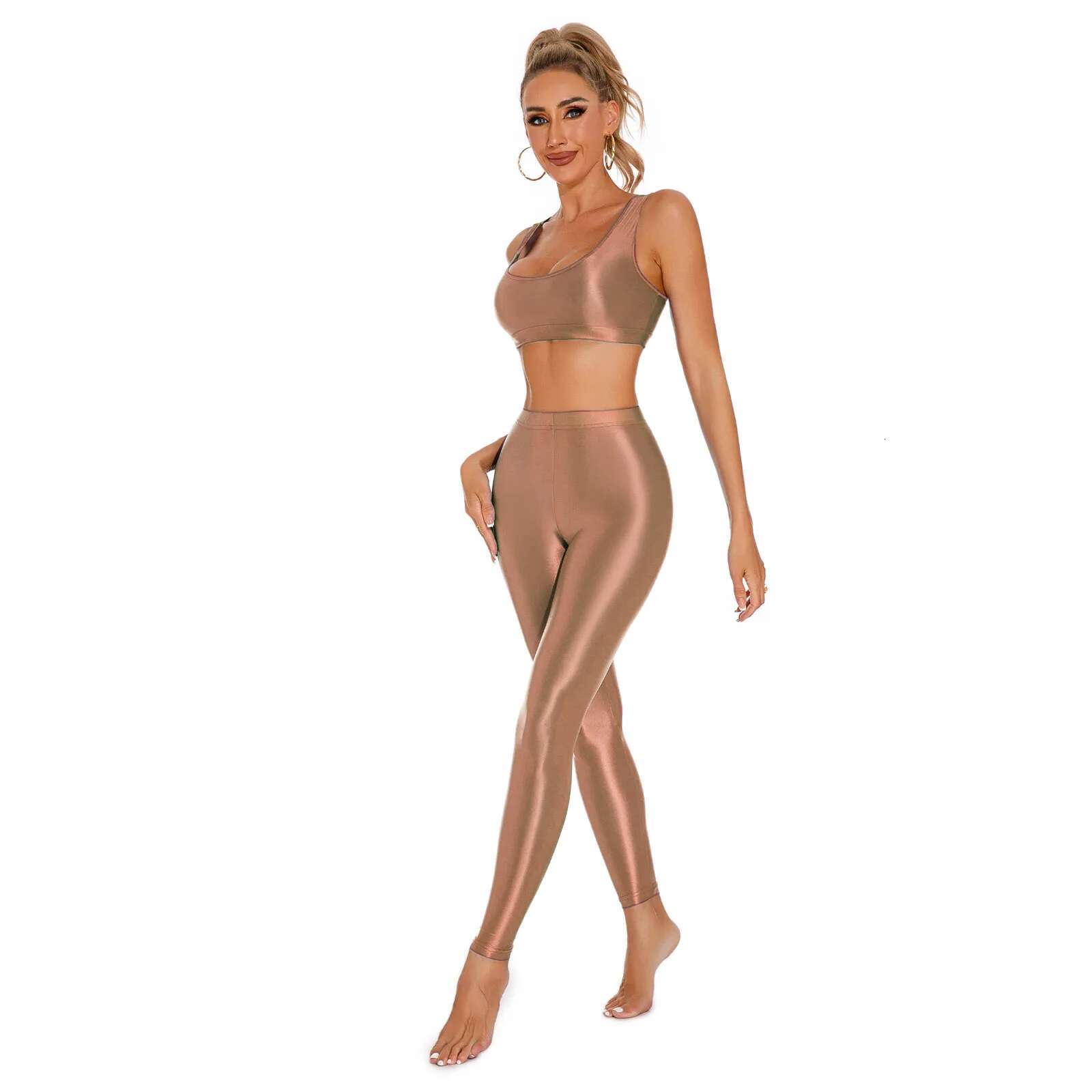 Womens Glossy Set Sportswear U Neck Racerback Crop Top With Elastic Waistband Leggings Sports Training Yoga Gym Fiess