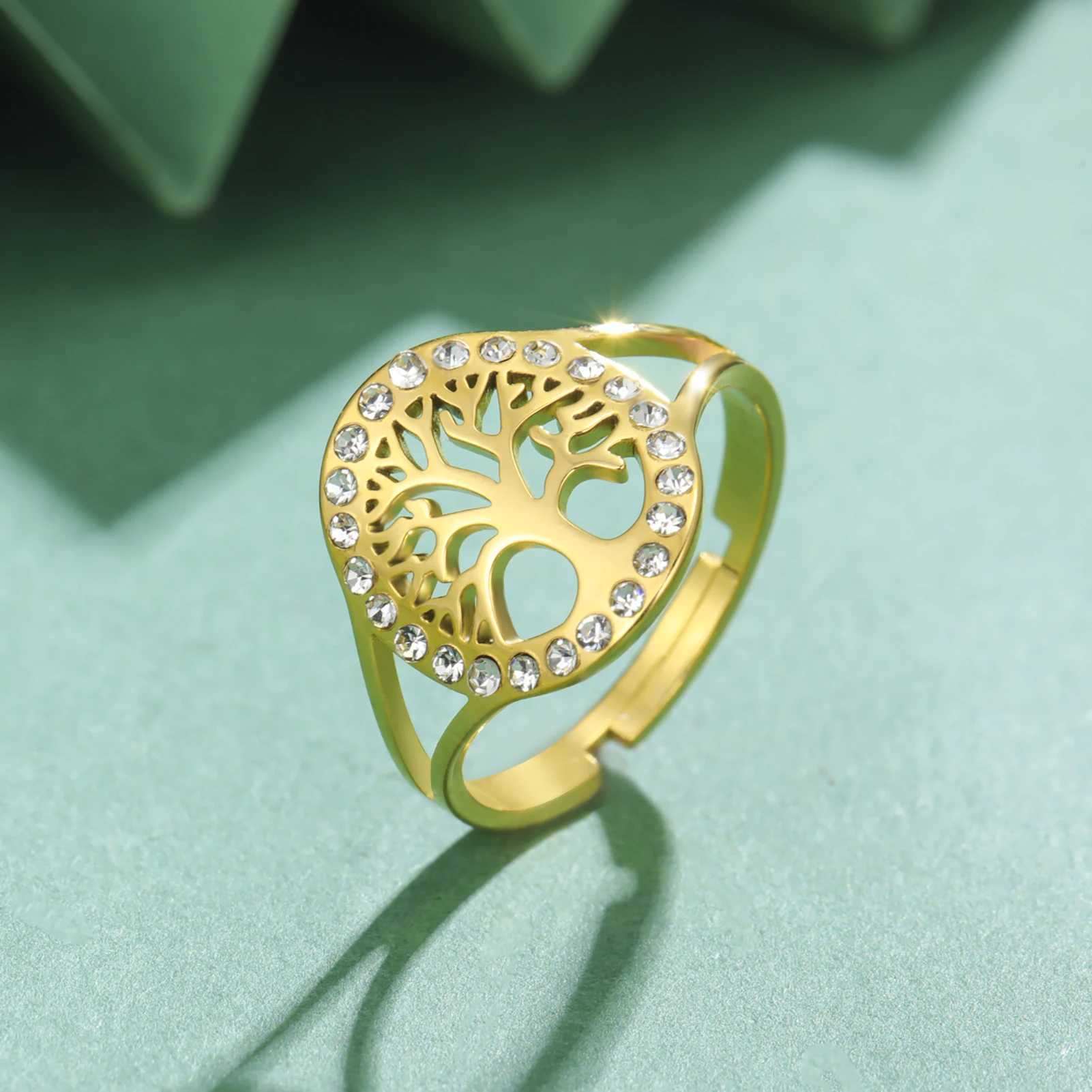 Skyrim Tree of Life Clear Zircon Round Ring Stainless Steel Gold Color Adjustable Wen Finger Rings Amet Jewelry s X250220