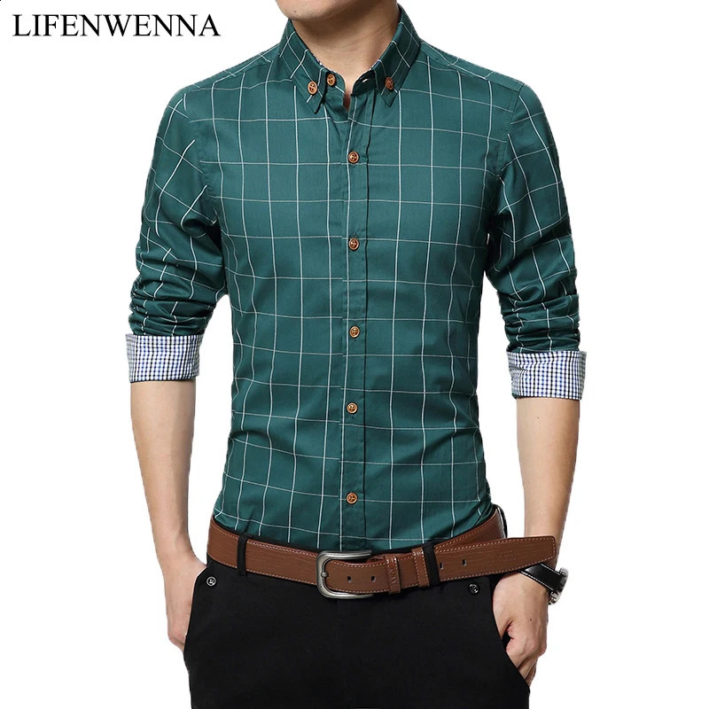 Fashion Mens Shirt Cotton Plaid Men Slim Fit Social LongSleeved Business Camisas Hombre M5XL 250220