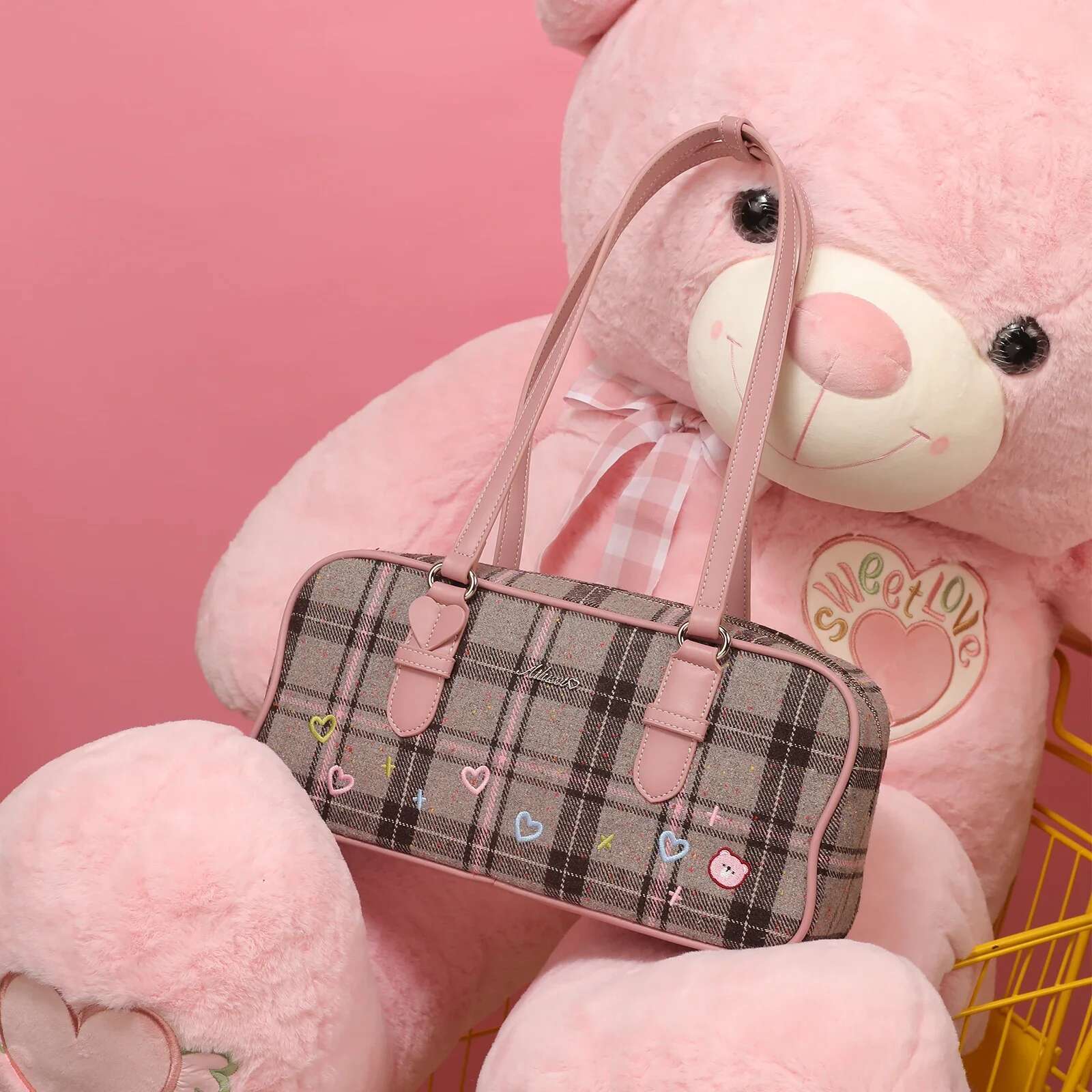 AII Large Capacity Bowg Cute Plaid Wool Underarm Heart Print Handbag Daily Commuting Gym Bag Christmas Halloween Gift