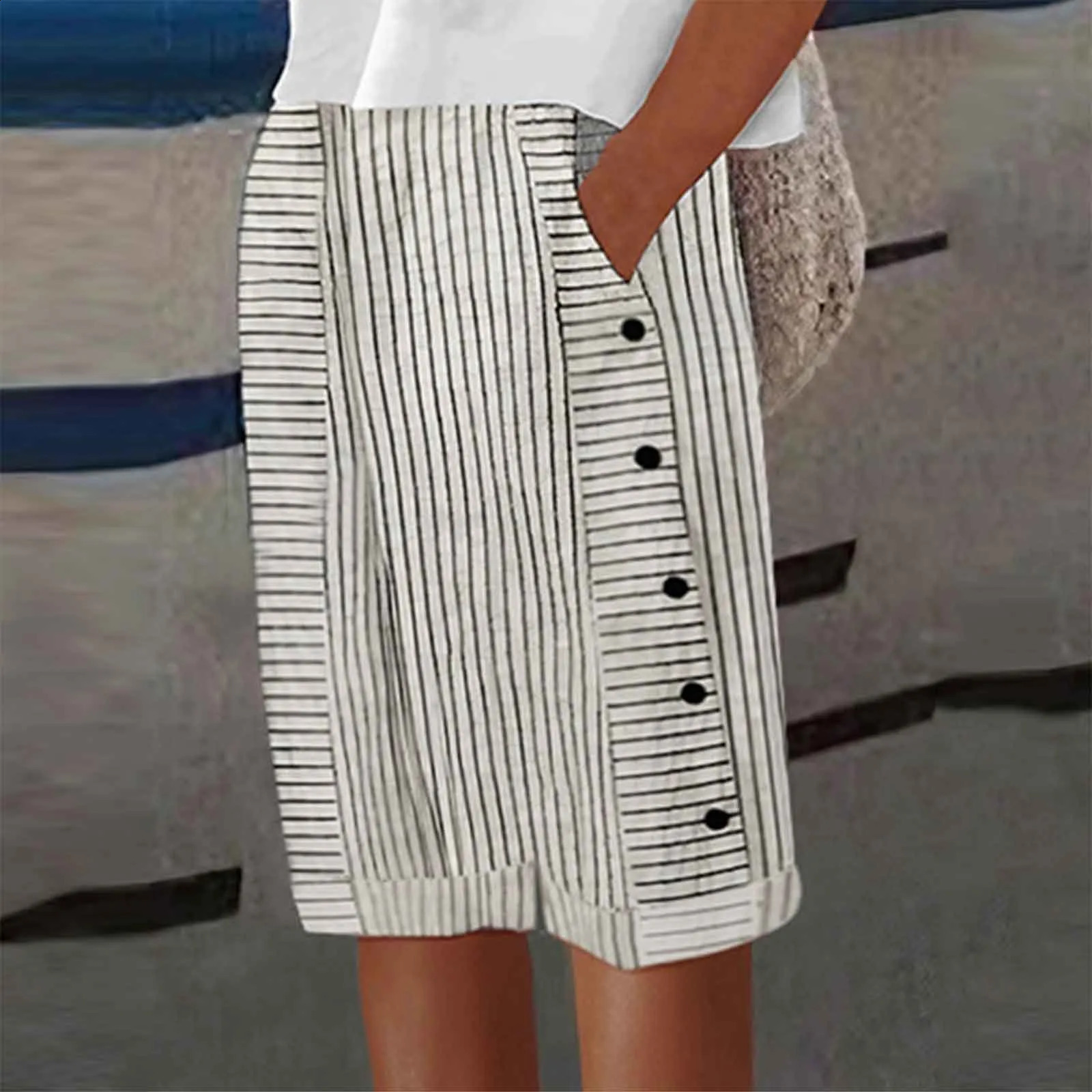 Striped Printed Versatile Shorts Button Thin Streetwear Summer Casual Trousers For Fine Woman Beach Comfy Shorts Ropa Para Mujer 250217