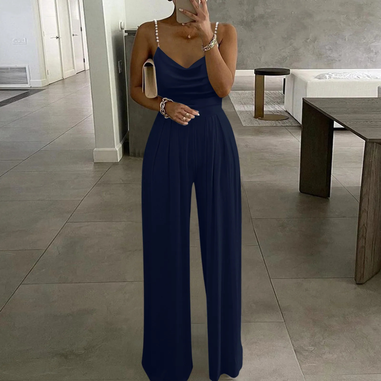 Womens Party Sexy Spaghetti Strap Jumpsuits Fashion Pile Neck Pearl Bandage Rompers Female Wide Leg Pant Overalls 250220