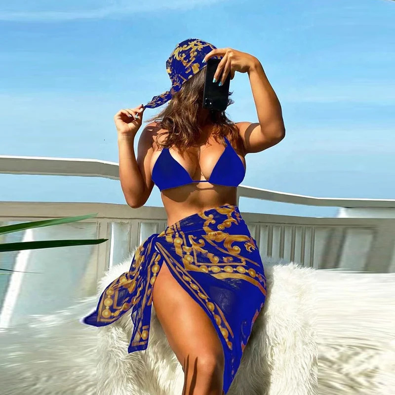 Women Long Sleeve Cardigan Tops 3 Piece Swimsuit Retro Leaves Print Sleeveless Halter Top Drawstring Bikini Set Female Swimwear 250220