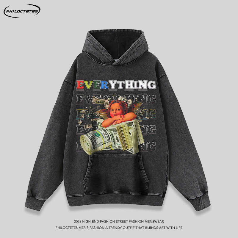 Angel print vintage Wind long sleeved hoodie for men and women, high street trendy brand wash top