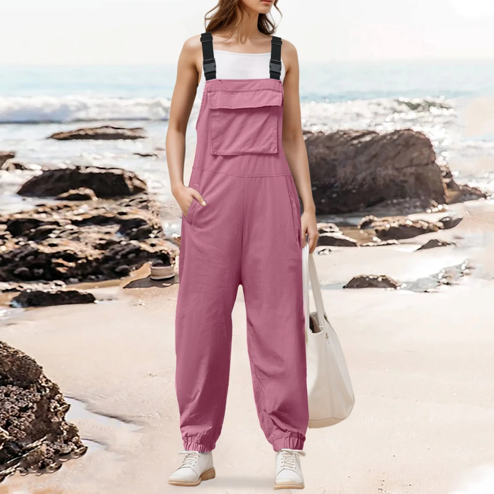 Womens Sleeveless Overalls Jumpsuit Casual Loose Adjustable Straps Bib Long Pants Jumpsuits With Pockets Womens Rompers 250220