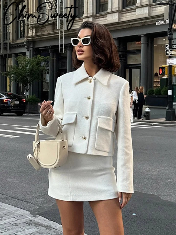 Elegant Solid Coat Mini Skirt Set Women Slim Lapel Single Breasted Pocket Coat A Line Skirts Sets Autumn Lady Outfit 250220