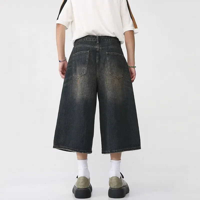Y2K Mens Vintage Streetwear Breeches Korean Harajuku Denim Wide Leg Trouser Short Pants Jorts Bermuda Jeans Shorts Alt Clothes 250220
