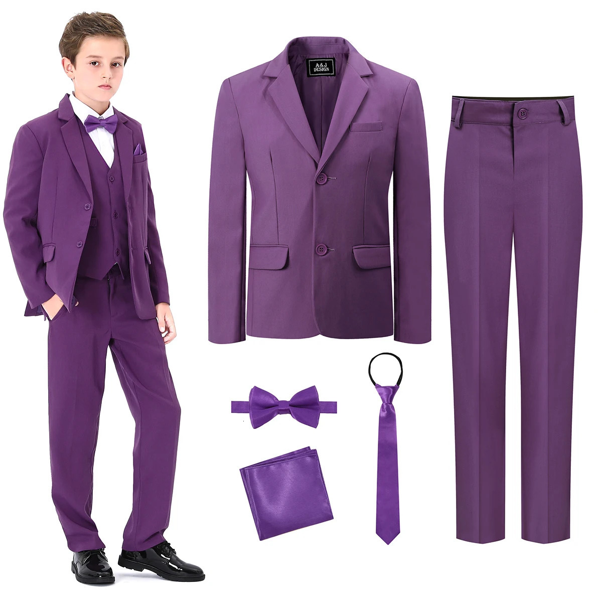Kids Suits for Boy Halloween Tuxedo Formal Easter Church Blazer Graduation Party Prom Outfit Teenager Flower Purple Costume 250219