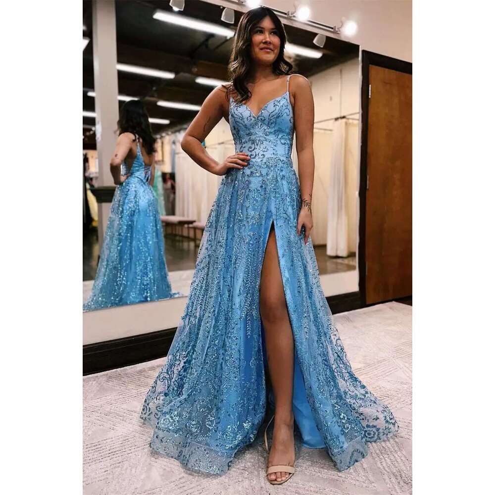 A-and Lace Sleeveless Prom Dress with Slit, Spaghetti Straps, Elegant Dresses, Long Mermaid Dress, Formal Occasion, Exquisite