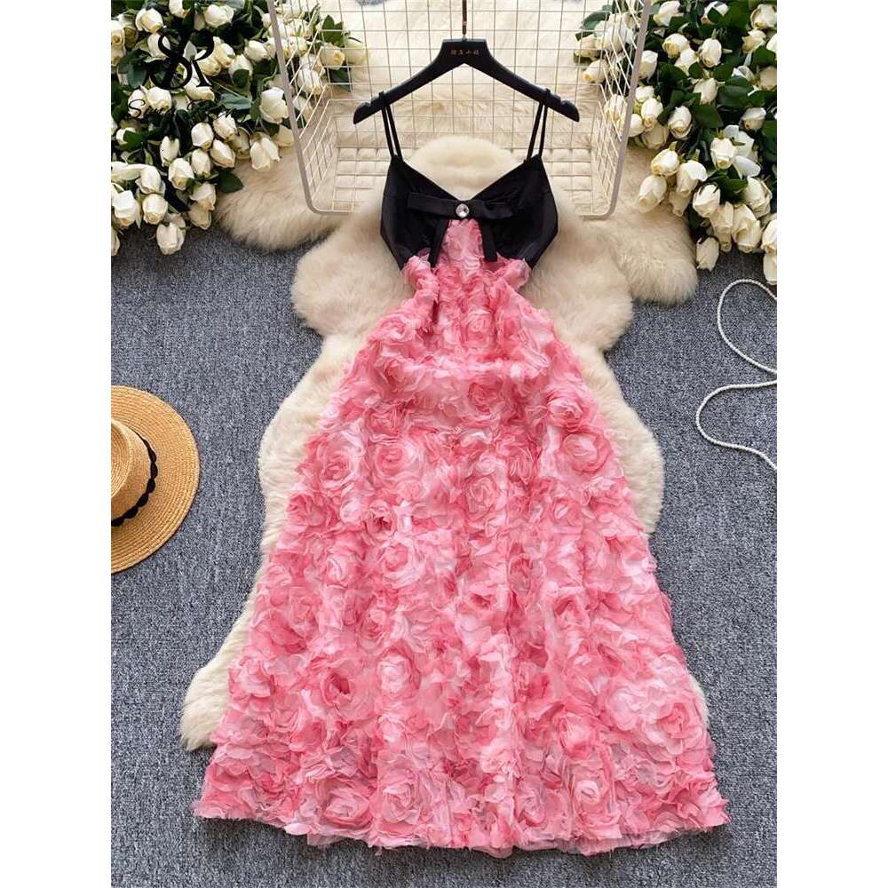 SINGREINY Elegant Evening Party Ladies V Neck Beading Sleeveless Sundress Rose Splice Chic Long Spaghetti Strap Dress