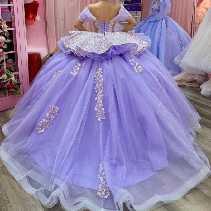 Lavender Shiny Quinceanera Dresses Ball Gown Off The Shoulder Applique Lace Beads Tull Party Birthday Sweet 16 Dress Vestidos 15 anos