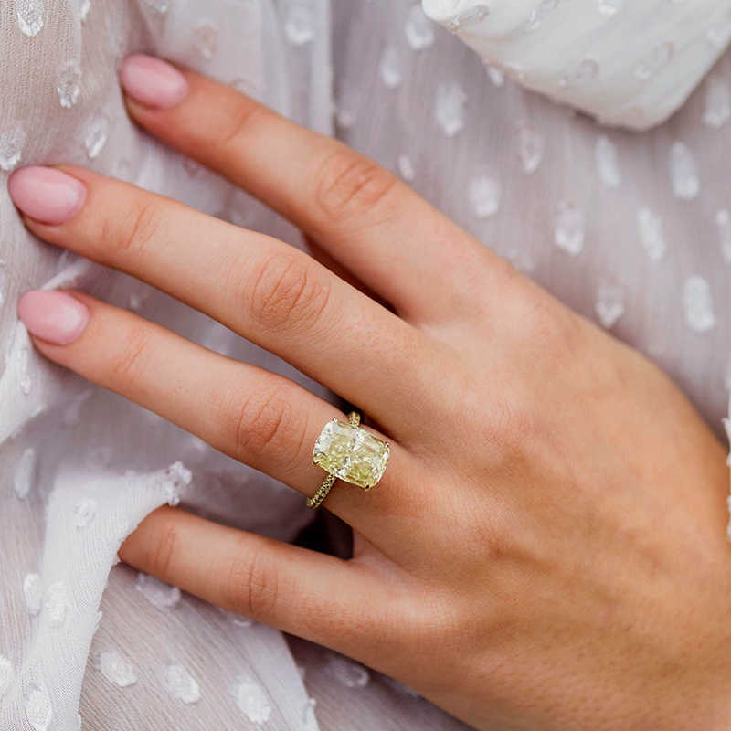 Lutser Fine Jewelry 18K/14K/10K Yellow Gold Double Band 7.0 Carats Elongated Cushion Cut Colored Moissanite Ring
