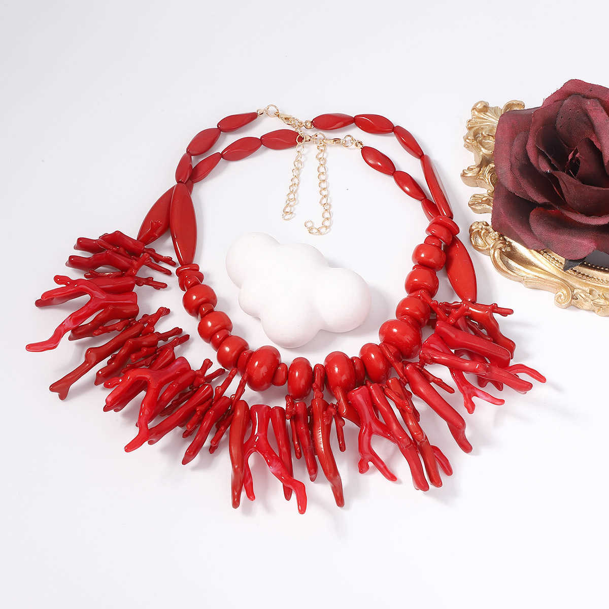 Pendant Necklaces New Bohemian Neckle Red Coral Irregular Geometry Two Piece Necklace ZA Same Style H25219