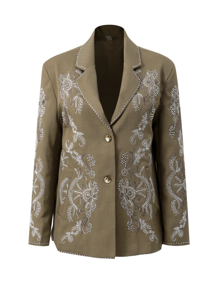 Embroidery Flower Bead Blazer Coat Women Chic Single Breasted Loose Turn-down Collar Jacket Autumn Vintage Outwear 250219