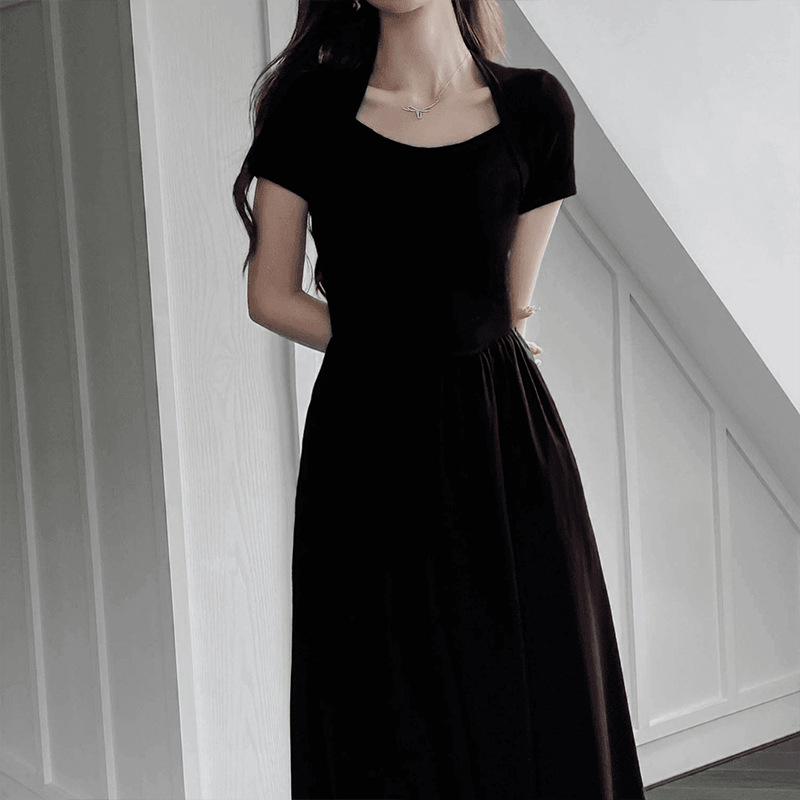 P699270 square collar dress female summer 2025 new black skirt high waist small a-line mid-length skirt