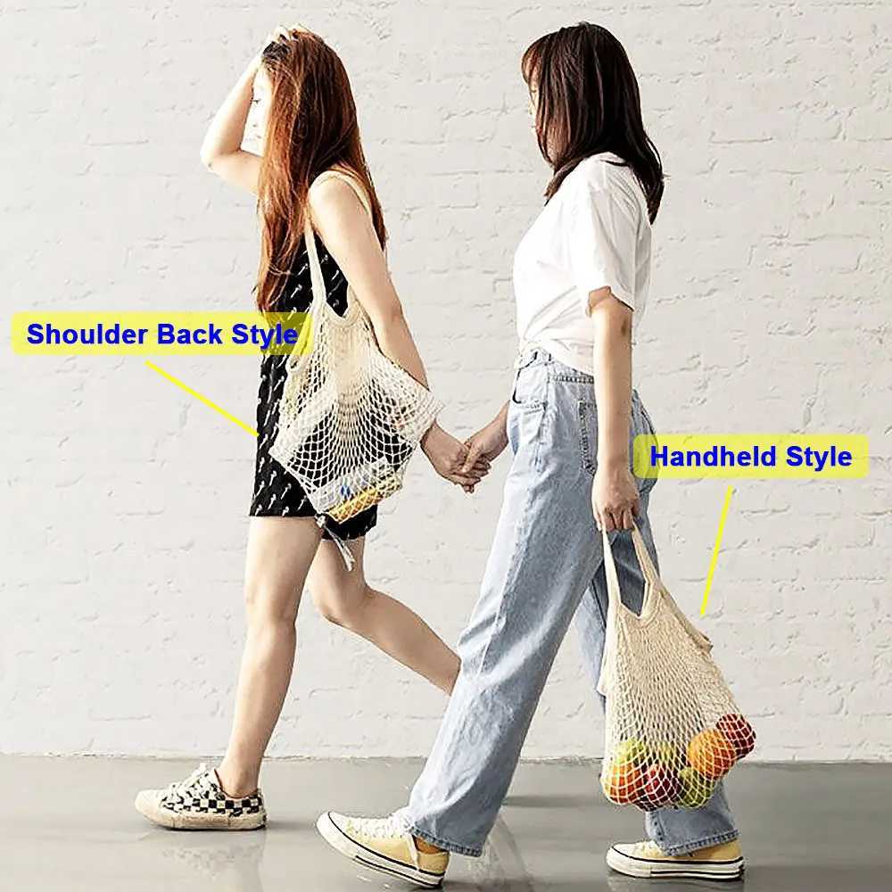 Silicone World 1PC Portable Reusable Grocery Mesh Bag Cotton Shopping Mesh Bags Handheld Shoulder Back Fruit Vegetable Net Bag Z250219