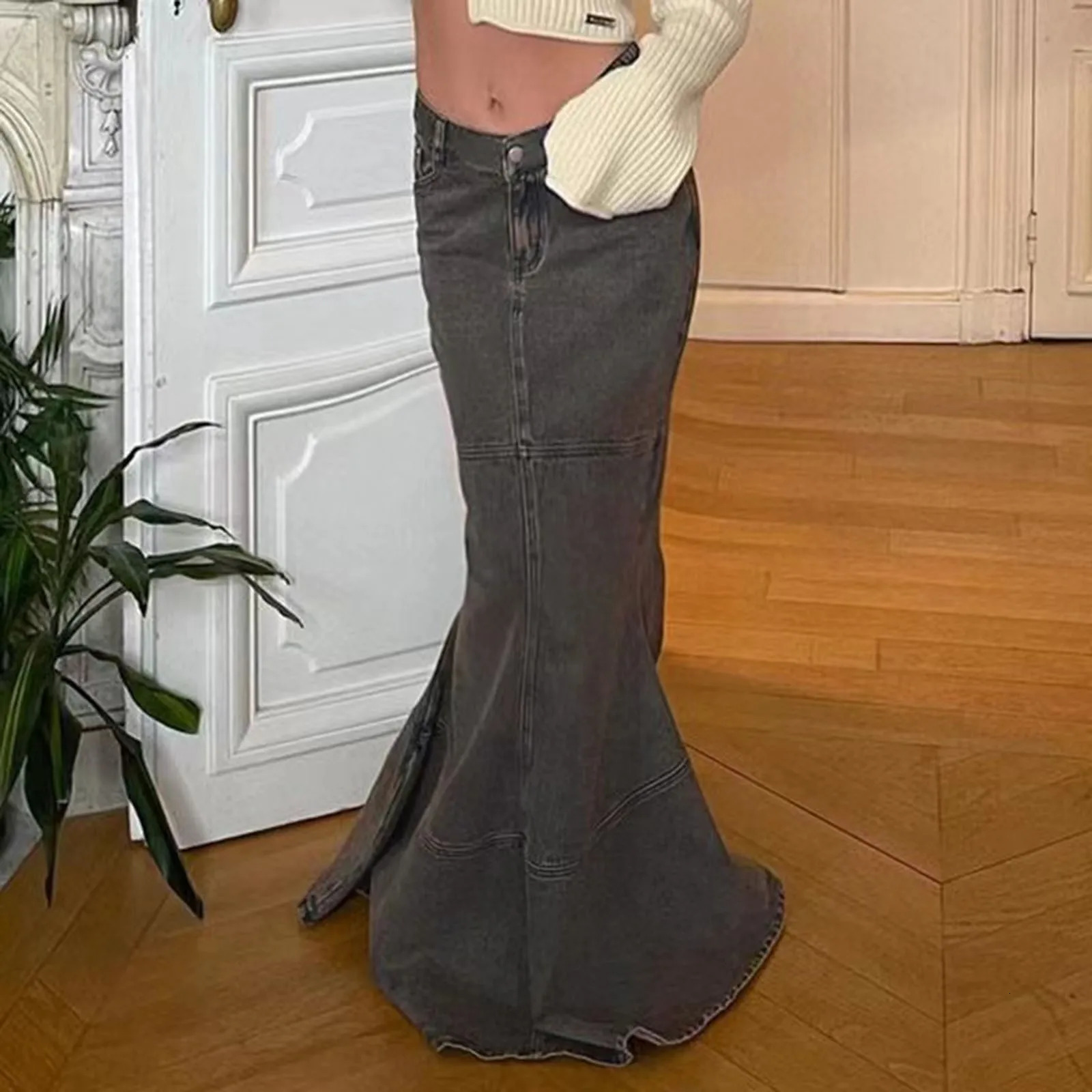 Retro Mermaid Denim Maxi Skirt Sexy Bodycon Party Dress Fishtail Long Jean Skirts Y2k Clothes Floor Length Streetwear 250220