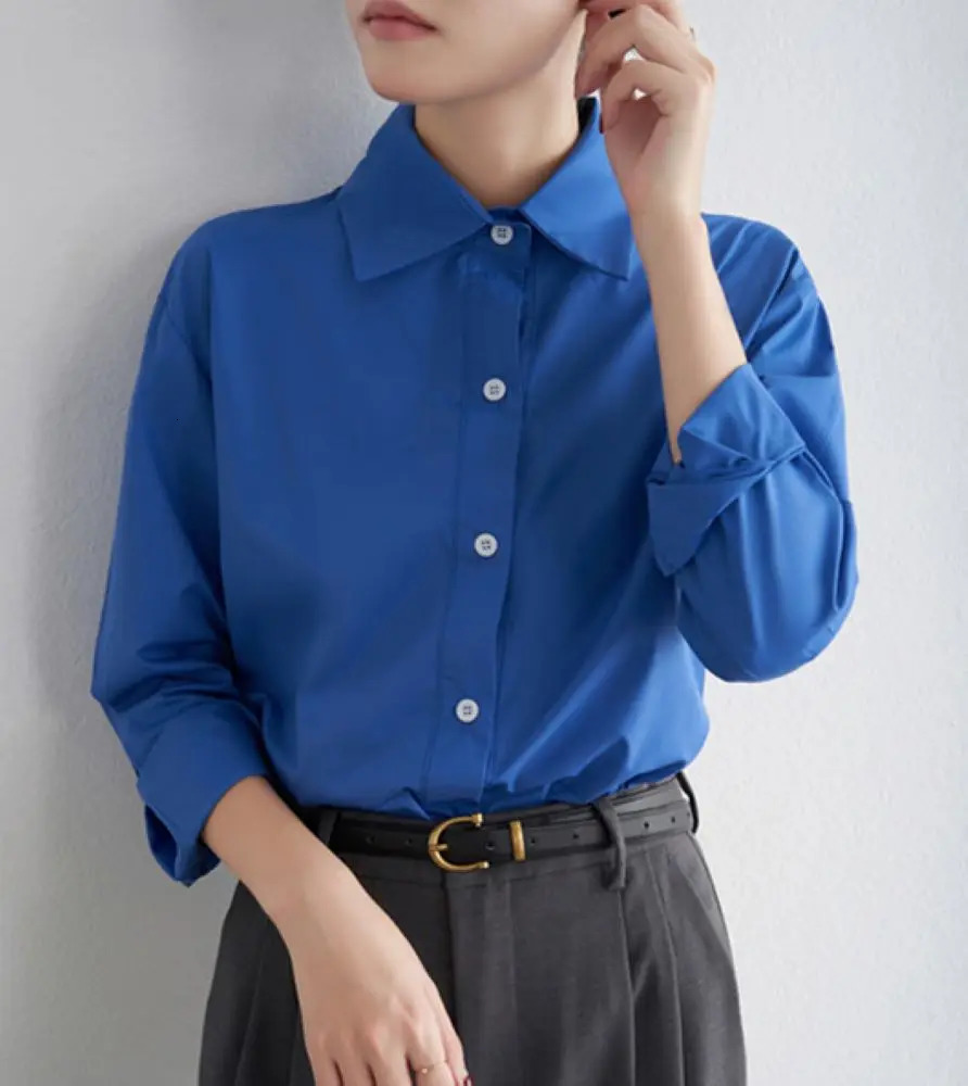 Womens Blue Shirt Spring And Autumn Long Sleeve Solid Color Casual Outdoor Top Korean Style Blouses For Ladies Fashion Shirts 250219