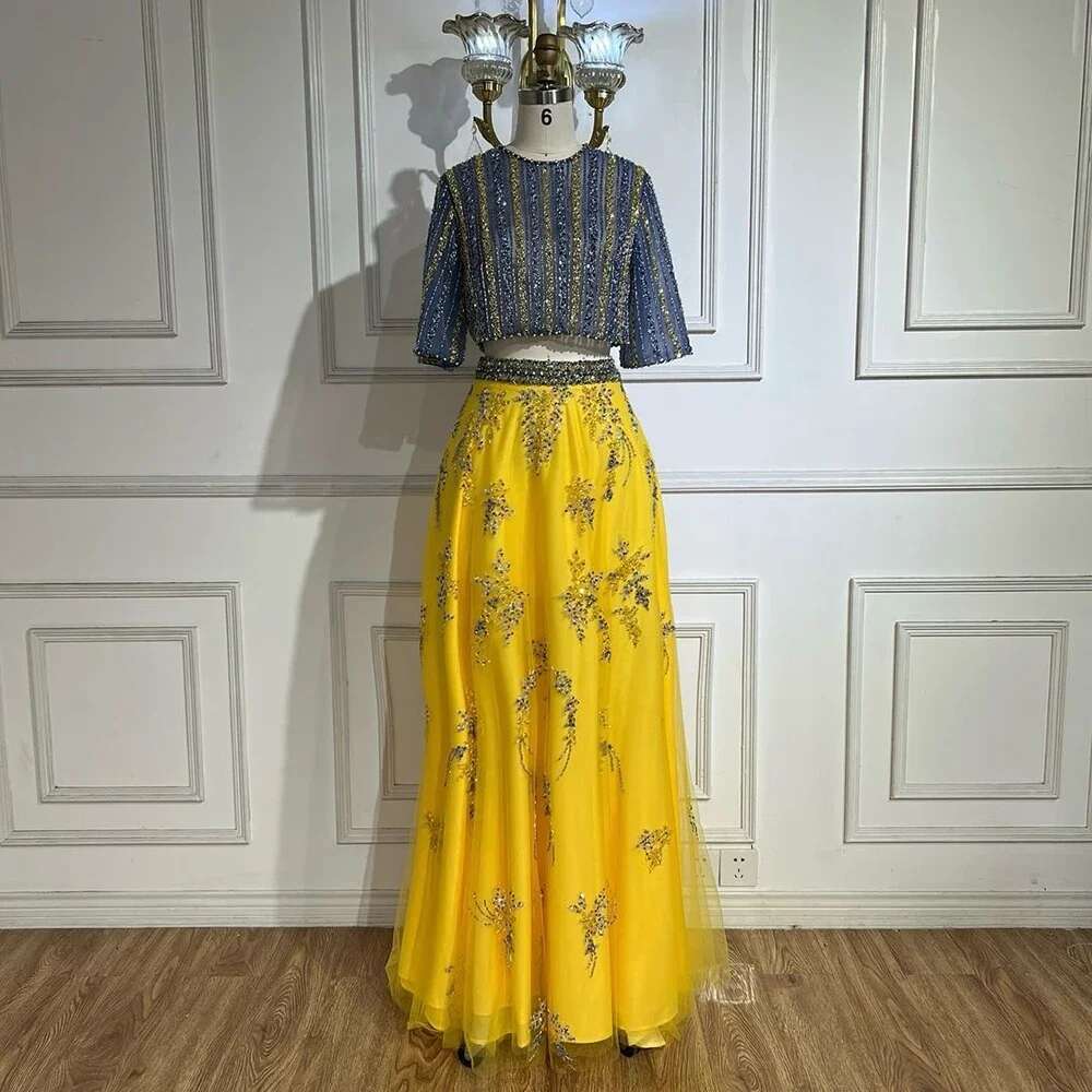 Blue Dubai And Yellow Piece Evening Gown Elegant Long Formal Prom Party Dress Customize BLA