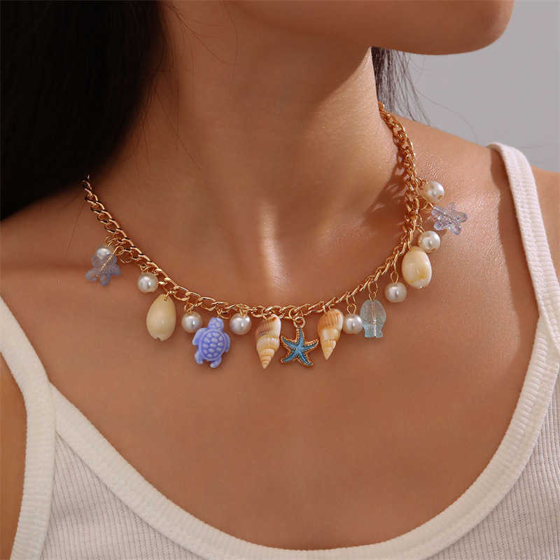 Pendant Necklaces NZ3213 Marine Conch Turtle Pendant Womens Necklace Beach Vacation Style Shell Womens Neck Chain H25219