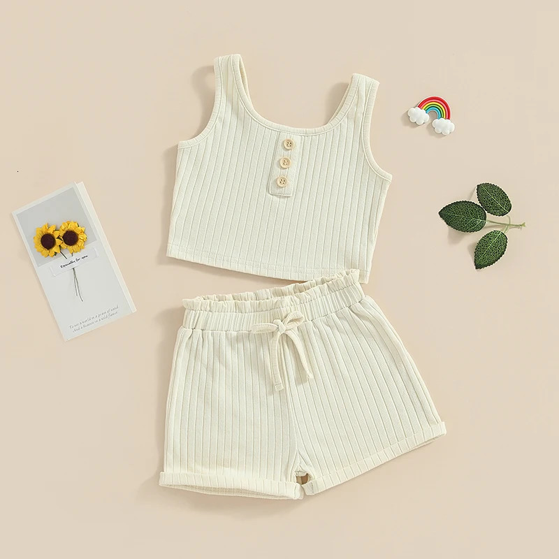 -05-07 Lioraitiin 0-8Years Kid Girls 2Pcs Summer Pants Suit Sleeveless Knitting Vest Tops Solid Drawstring Shorts 250219