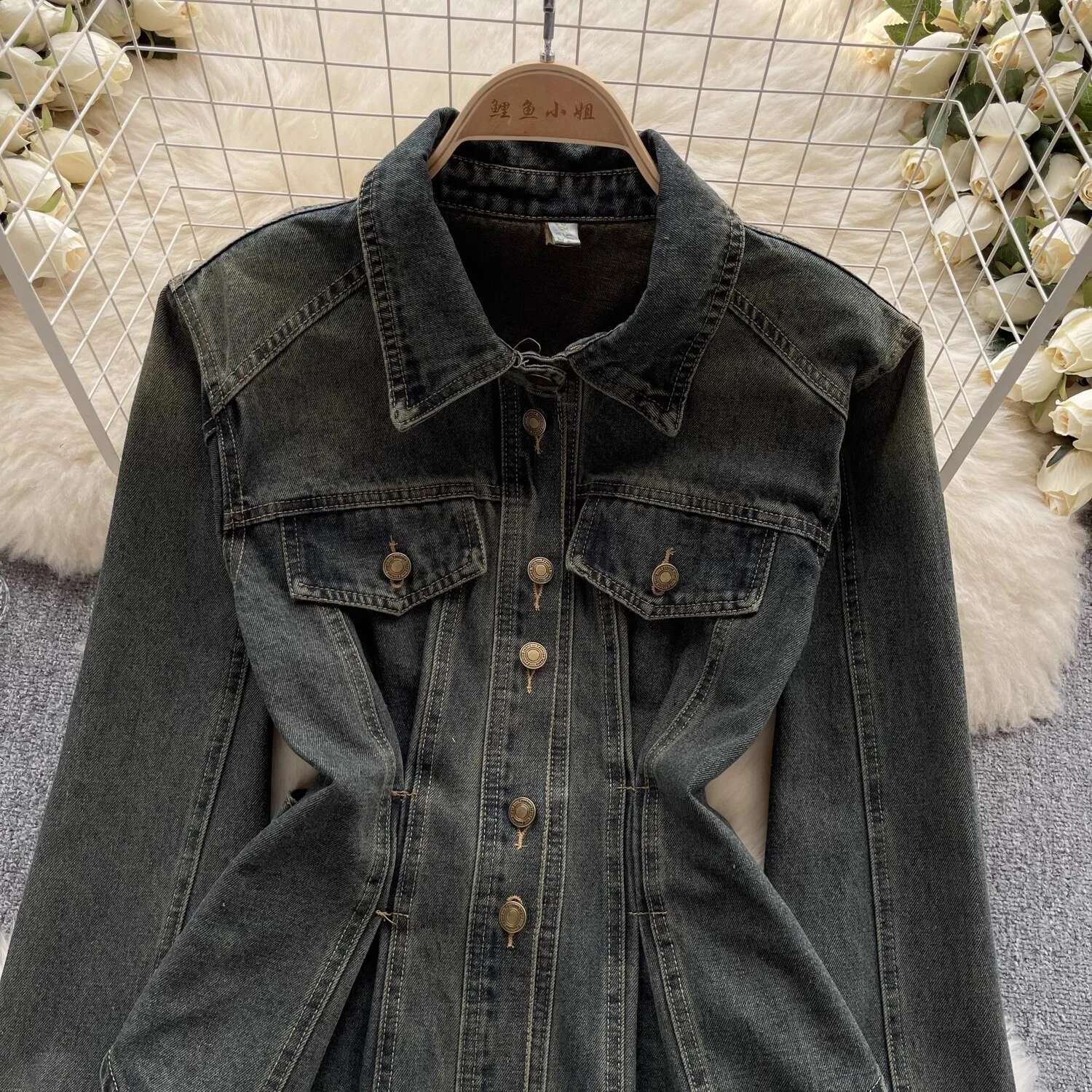 Vintage Washed Distressed Denim Jacket Autumn Women's Single-Breasted Tunic Shirt Long Sleeve Turn-Down Collar Jean Blouses Tops