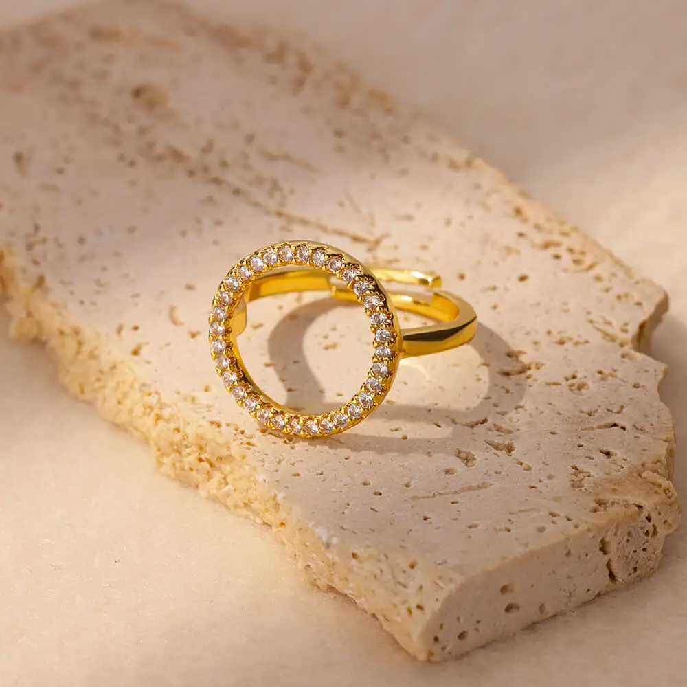Fashion Zircon Hollow Round Rings for Wen Stainless Steel Gold Color Adjustable Wedding Ring Aesthetic Jewelry Gift rings X250220