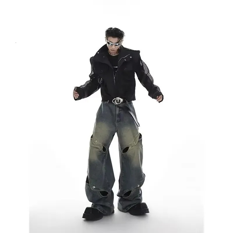 Cool Autumn Fashion Deconstructed Metal Button Jeans Men Heavy Industry Hollow Causal Loose Straight Wide Leg Pants Male 250220