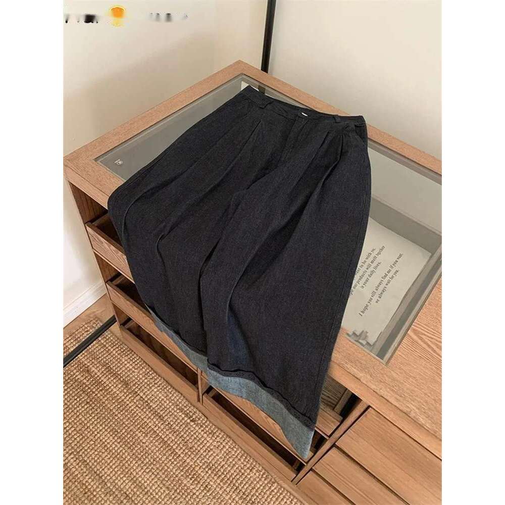 2025 100% Cotton Denim Blue Straight Pants Women Early Spring Simple Lace Curled Jeans Loose