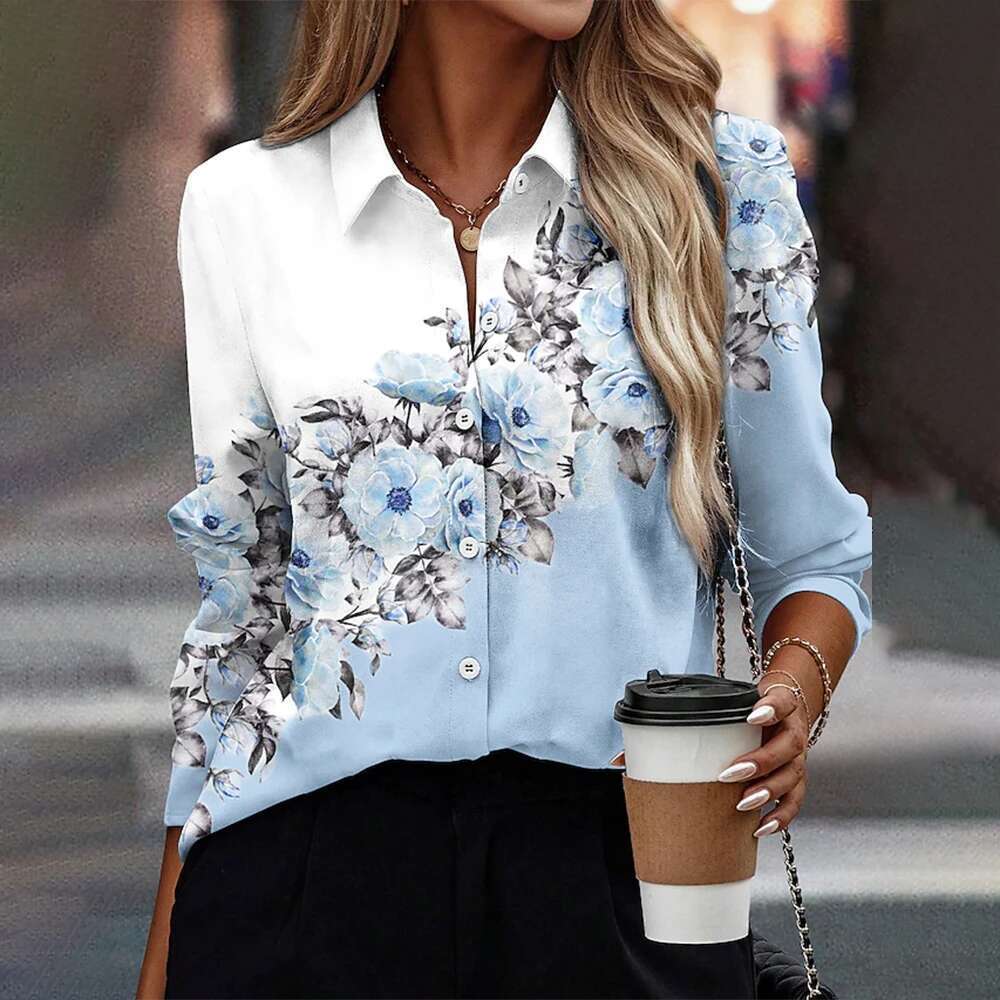 Women's Long Sleeve Shirt Ral & Birds 3D Printed Elegant Basic Tops Summer Button Lapel Shirts And Blouses Female Clothing