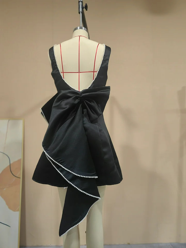 Spring Summer Elegant Women Sexy Mini Dress Pearl Big Bow Backless Zipper Sleeveless High Waist A-line Club Party Dress 250219