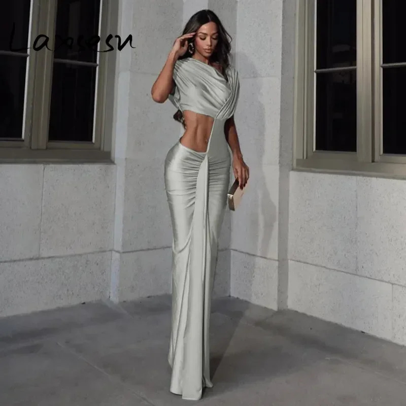 Laxsesu Irregular Hollow Dress Women Ruched Diagonal Collar Shorts Sleeve Waistless Slits Street Trend Elegant Long Bodycon 250219