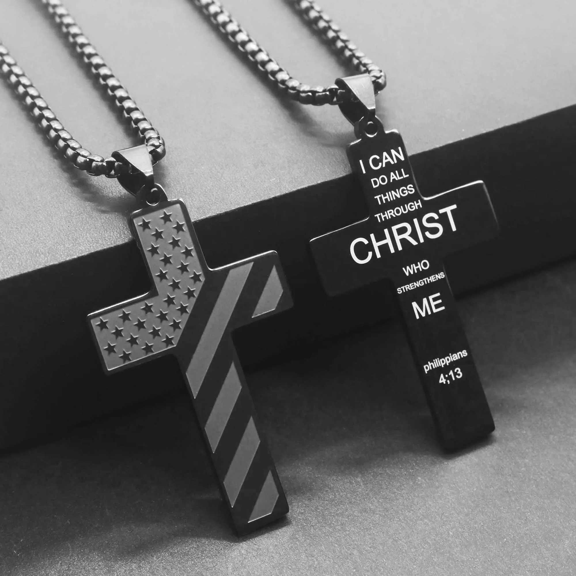 304L Stainl Steel USA Flag Cross Necklace for Men Women Bible Verse Necklace Men Spiritual JewelryXJ250219