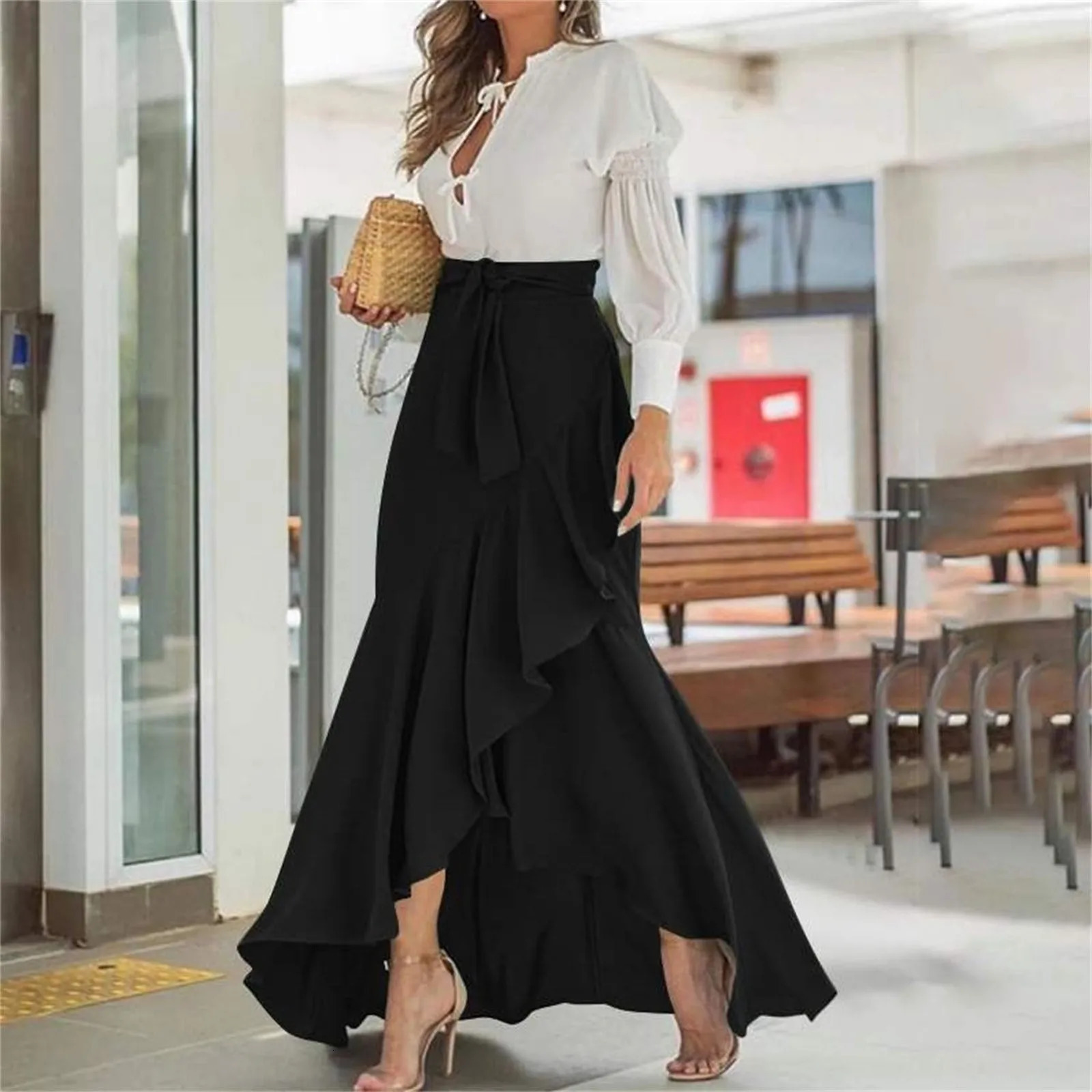 Womens Irregular Ruffle Hem Wrapped Hip Fishtail Skirt Solid Color High Waist Lace Up Elegant Lady Office Work Swing Party 250220