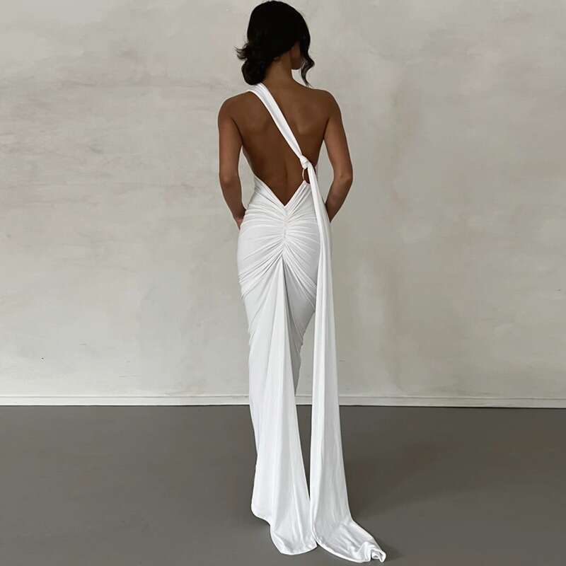 European and American style women's summer product slanted shoulder sexy slim fit backless pleated hollow suspender long dress 2025 new casual fa