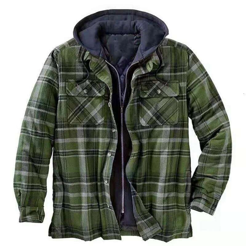 Men's Padded Double Hooded Shirt Jacket, Long Sleeve Checked Buttoned Jackets, Optical Combination, Autumn & Winter