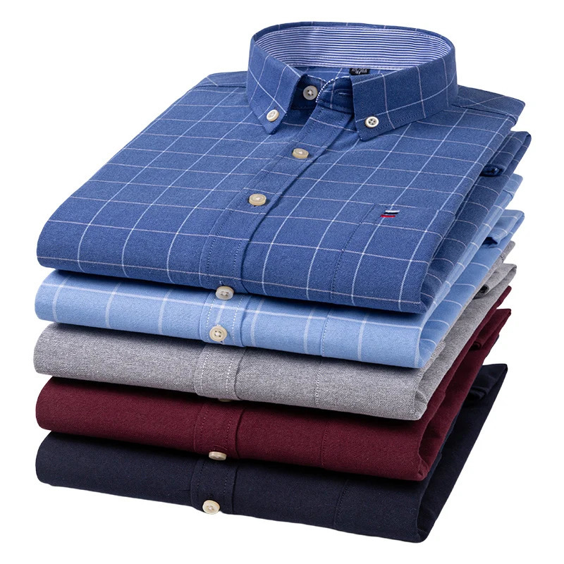 100% Cotton Oxford Men Shirts Long Sleeves Plaid Soft Regular Fit Formal Dress Shirt Pocket Social Blouse Male Clothes S-7XL 250219