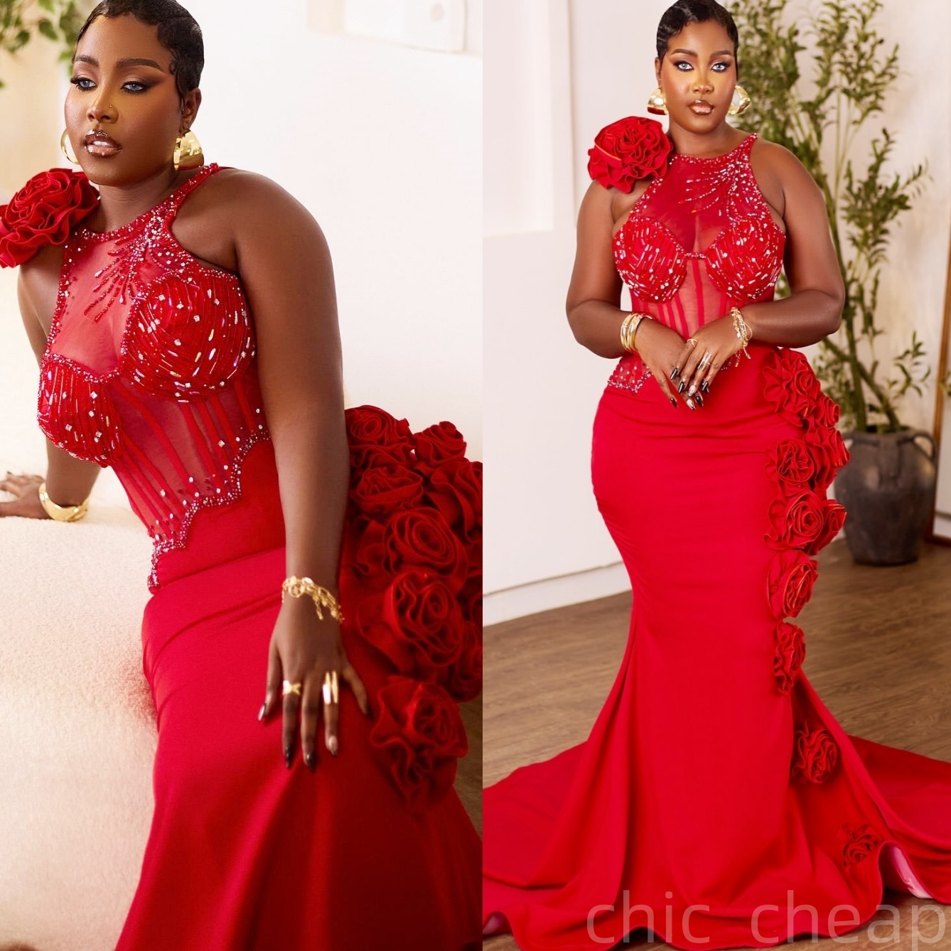 Red Mermaid Prom Dresses 2025 Flowers Beaded Satin Sheer Neck Evening Formal Party Second Birthday Engagement Gowns Plus Size Dress For Special Occasi