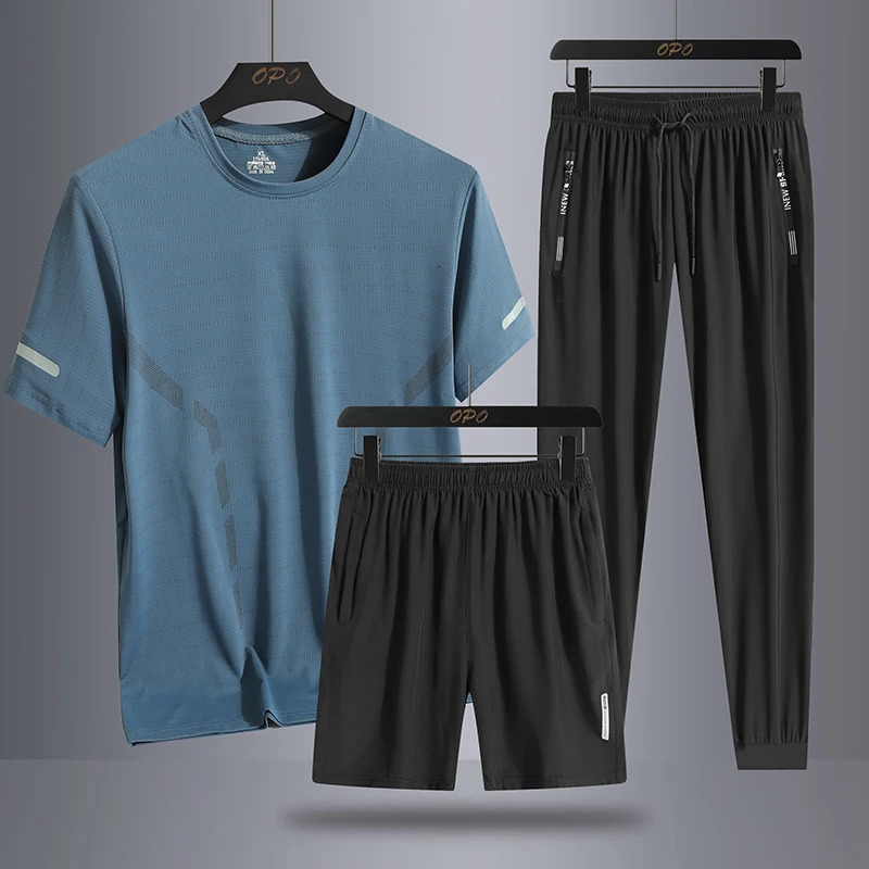 Mens Summer Simple Ice Silk Trendy Personalized Three piece Set with Round Neck Tshirt Shorts Pants Loose Sports 250220