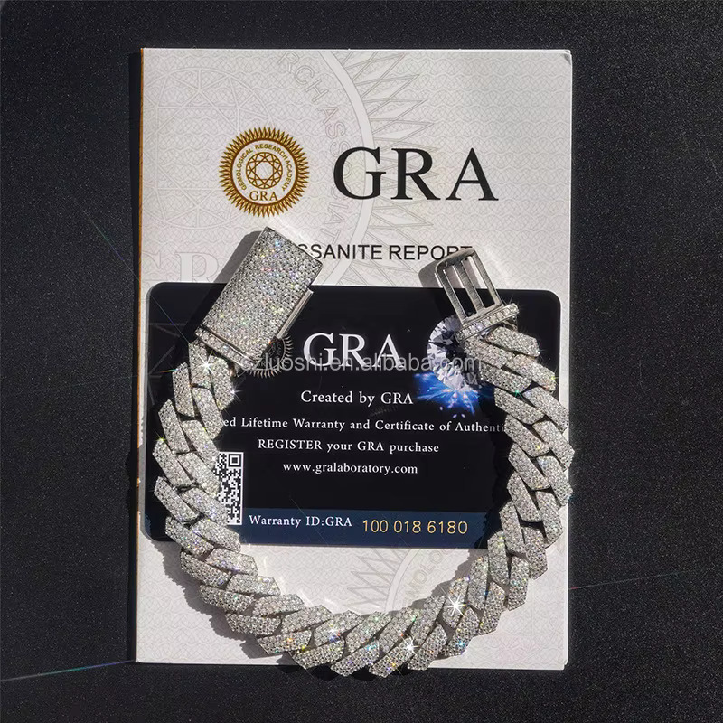 Pure sier 4-row VVS Moissanite 18mm hip-hop chilled with thick Miami Cuban chain and GRA certificate