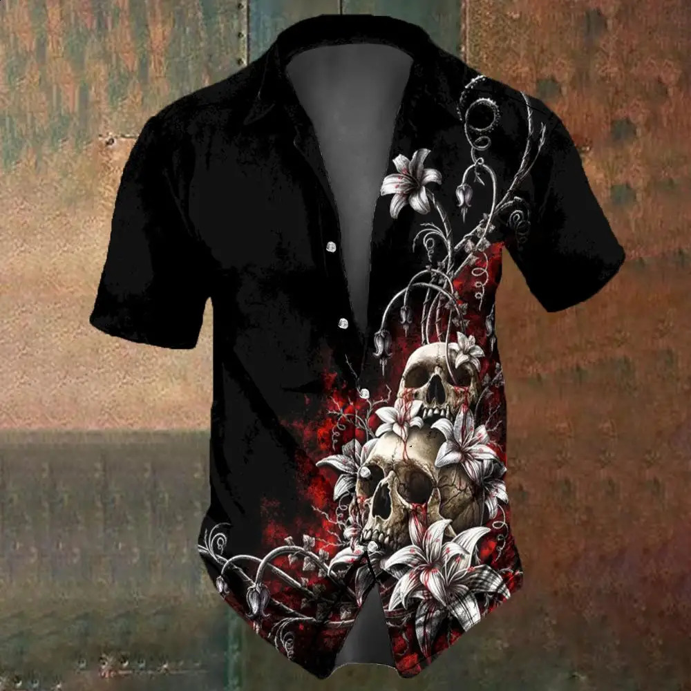 Retro Flower Skull Print Mens Shirt Summer Fashion Street Hip Hop Trendy Tops Shirts Oversized TShirts 250220