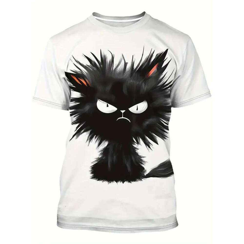 Men's Printed Cat Short Sleeve T-shirt, Casual Street Fashion, Round Neck Sweater, Men's Breathable Clothing, Summer, Funny