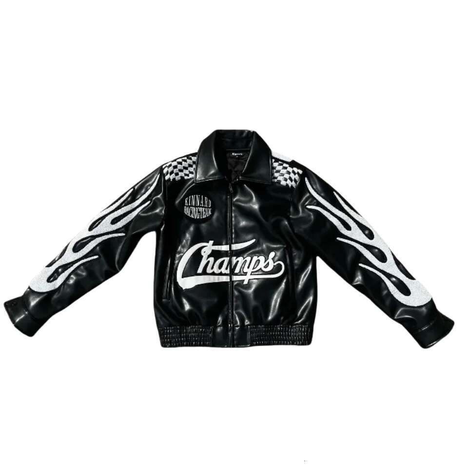 PU Flame Racing Men's Leather Jacket, American Hip Hop, 152 Embroidery, Zipper Closure, Men's Clothing, Y2K, Autumn, Winter, New Fashion Cou