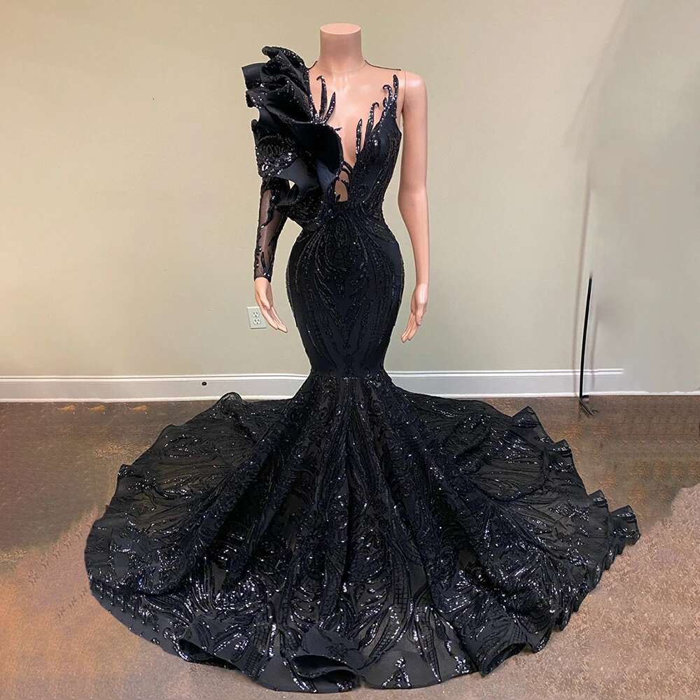 Sequin Long Mermaid Prom Dresses 2025 Black Girl Ruffles Sleeve African Formal Gala Gown for Party Customized