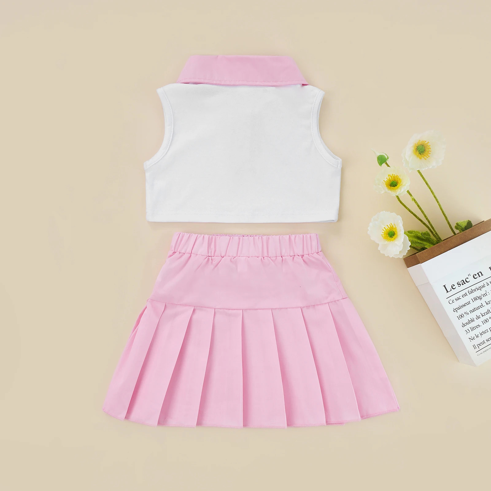 2Pcs Baby Girls Summer Outfits Patchwork Lapel Buttons Sleeveless Tank Tops Pleated Skirt Set for Kids 2-7 Years 250219