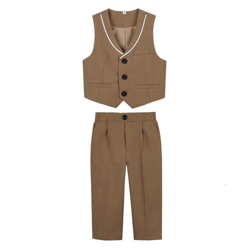 Boys Brown Vest Suit Set Children Piano Hosting Performance Birthday Pography Costume Kids Waistcoat Pants Tie Outfit 250219