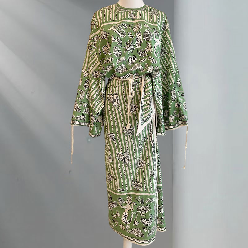 Lady Organic Cotton Green White Stripe Print Set Luxury O Neck Long Sleeve Cropped Loose Top One-Piece High-Waist Tie Skirt Chic Spring High-Quality D