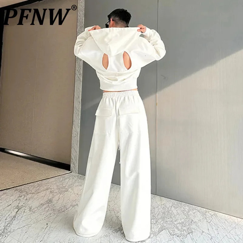 PFNW er Mens Two Piece Sports Pants Hollow Back Open Splicing Zipper Sweatshirt Wide Leg Pants Spring C5068 250220