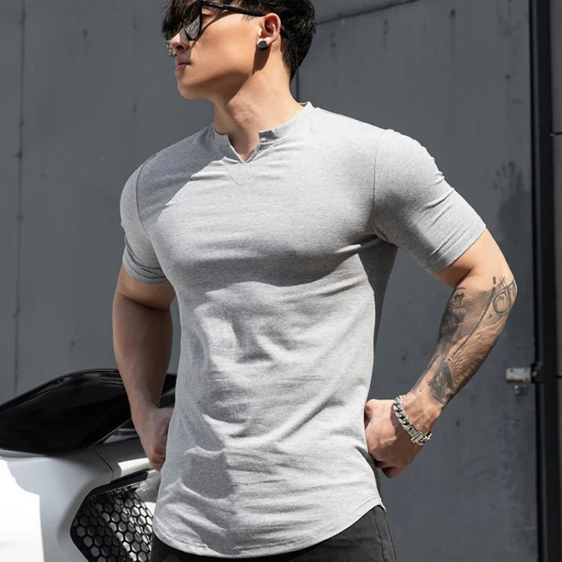 Men Summer Slim Fit Fashion T Shirt Fitness Motion Hip Hop Streetwear Running And V Neck trend Breathable Top 250218